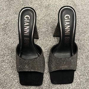 Gianni Binni CaylorTwo Rhinestone Square Toe Sculptural Heel Sandals